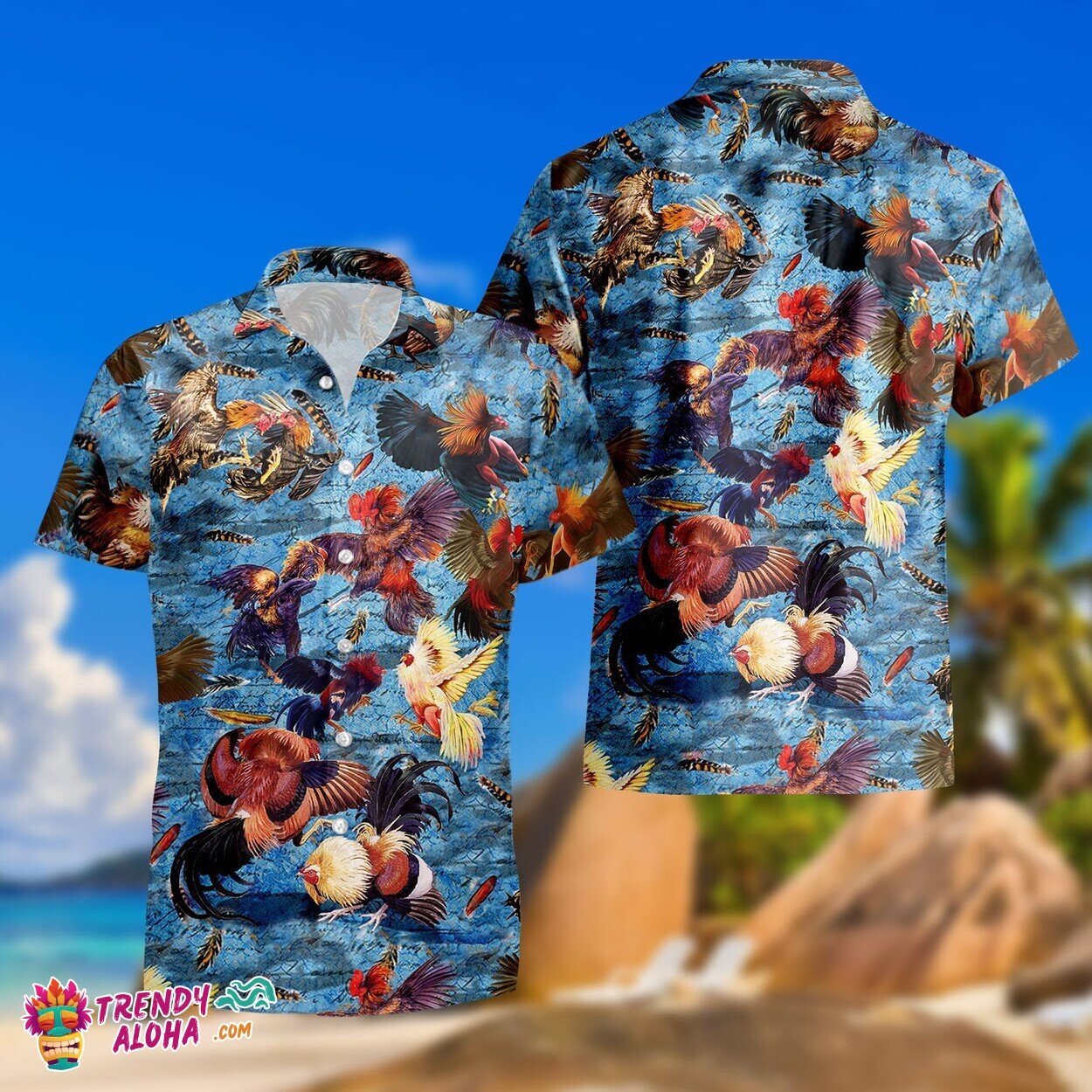 Tropical Rooster Fight Summer Beach Party Vibrant Hawaiian Shirt
