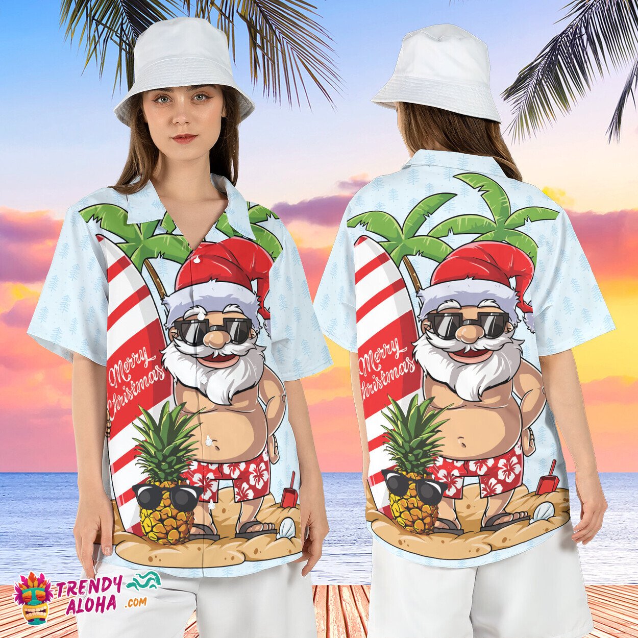 Tropical Santa Claus Christmas Xmas Beach Vacation Aloha Shirt Tee