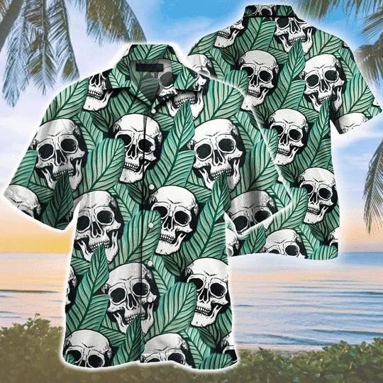 Tropical Skull And Green Leaf Seamless Pattern Trendy Hawaiian Shirt