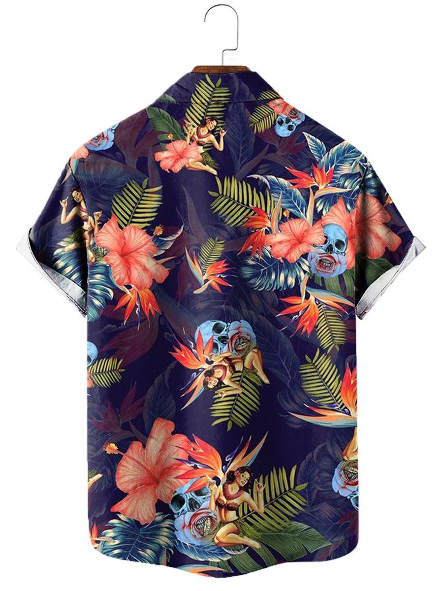 Tropical Skull Print Hawaiian Short Sleeve Shirt