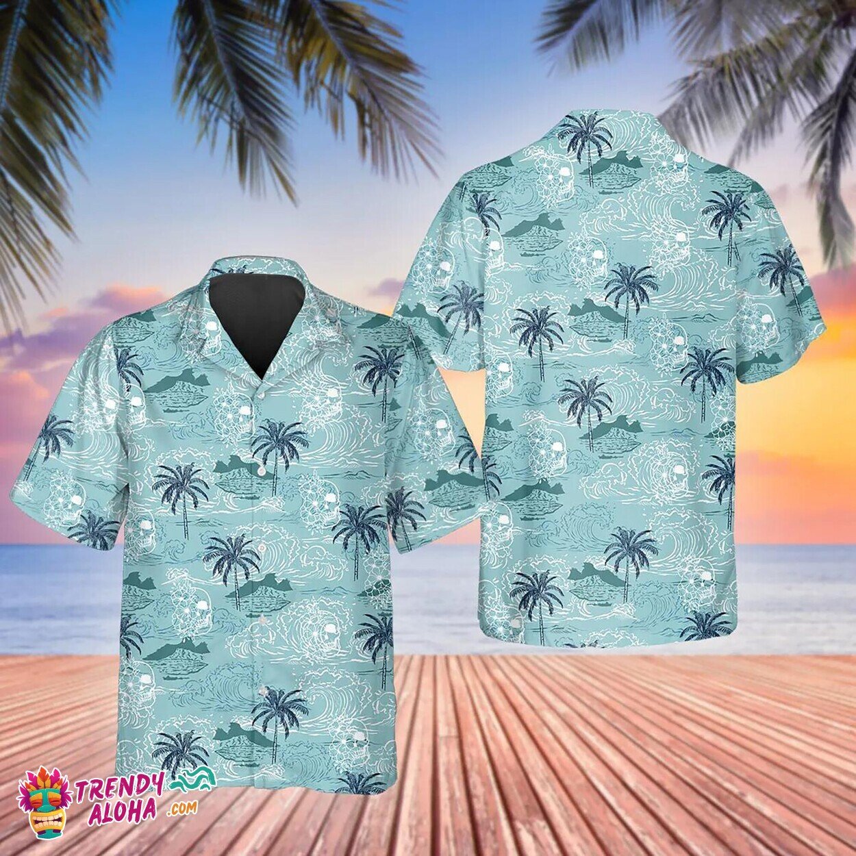 Tropical Skull With Coconut Trees Blue Hawaiian Summer Shirt