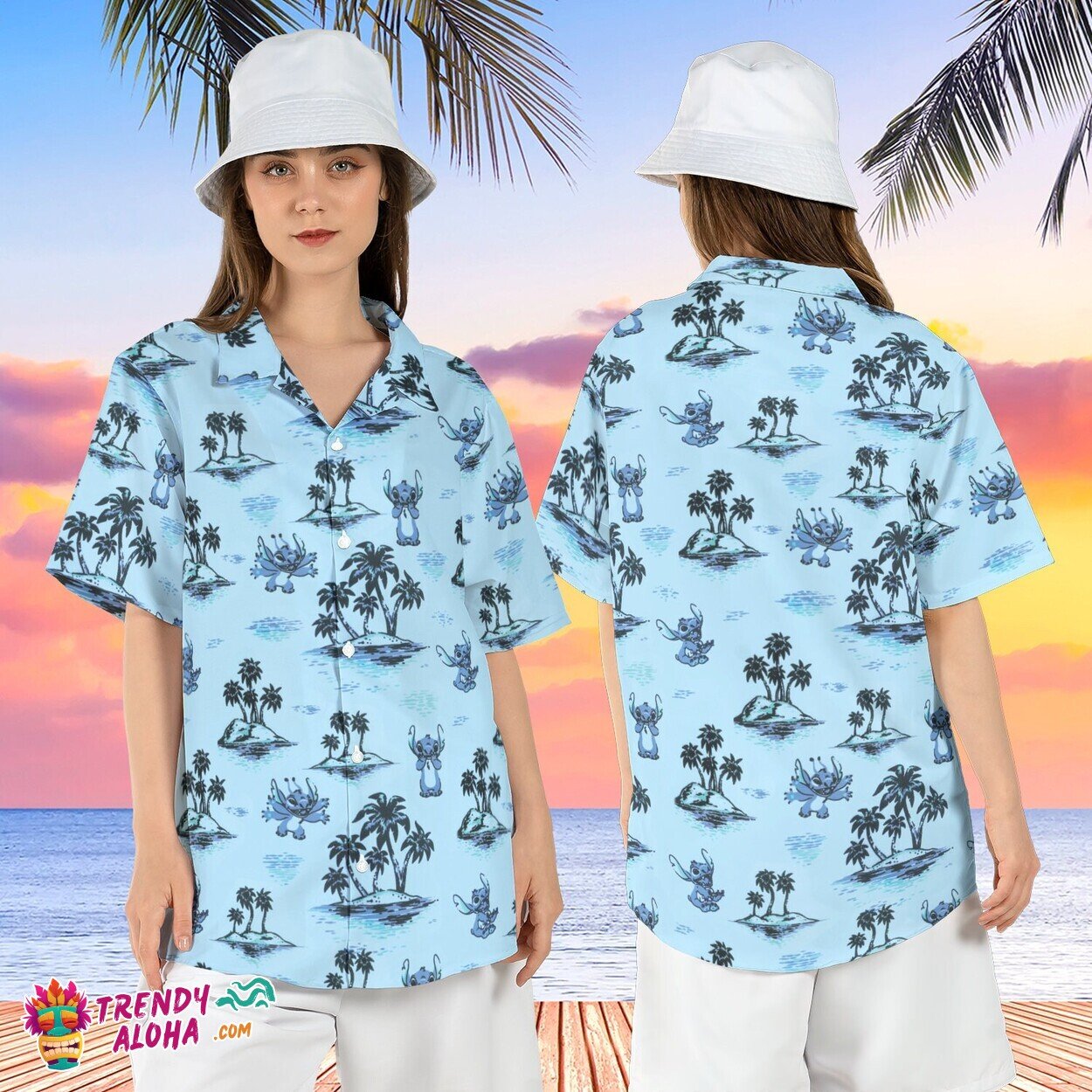 Tropical Stitch Palm Tree Beach Summer Disneyland Aloha Shirt