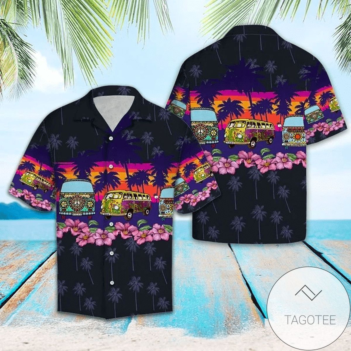 Tropical Summer Hawaiian Shirt Showcasing A Black Hippie Car