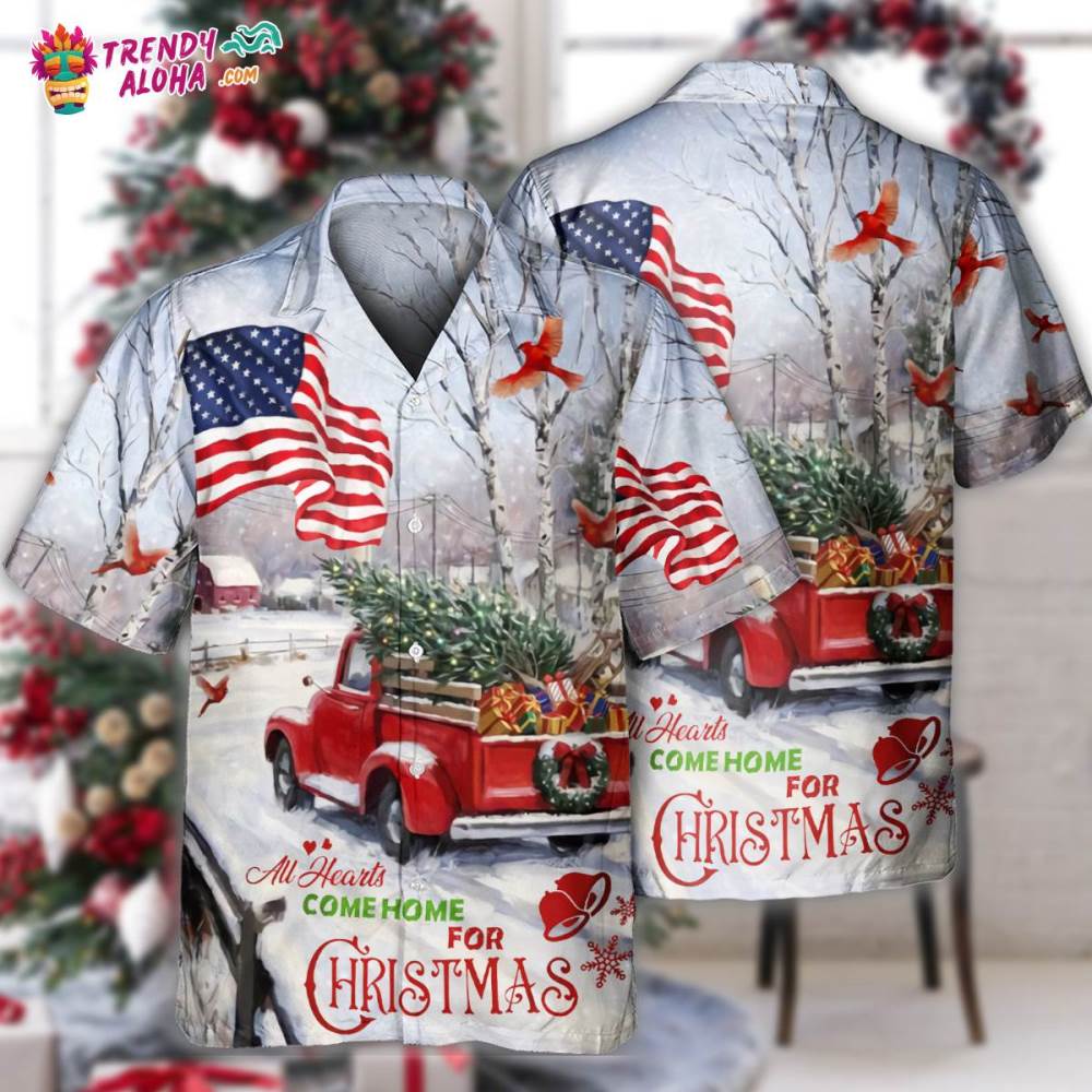 Truck All Hearts Come Home For Christmas Truck With Cardinal And Snow Hawaiian Shirt – Trendy Aloha