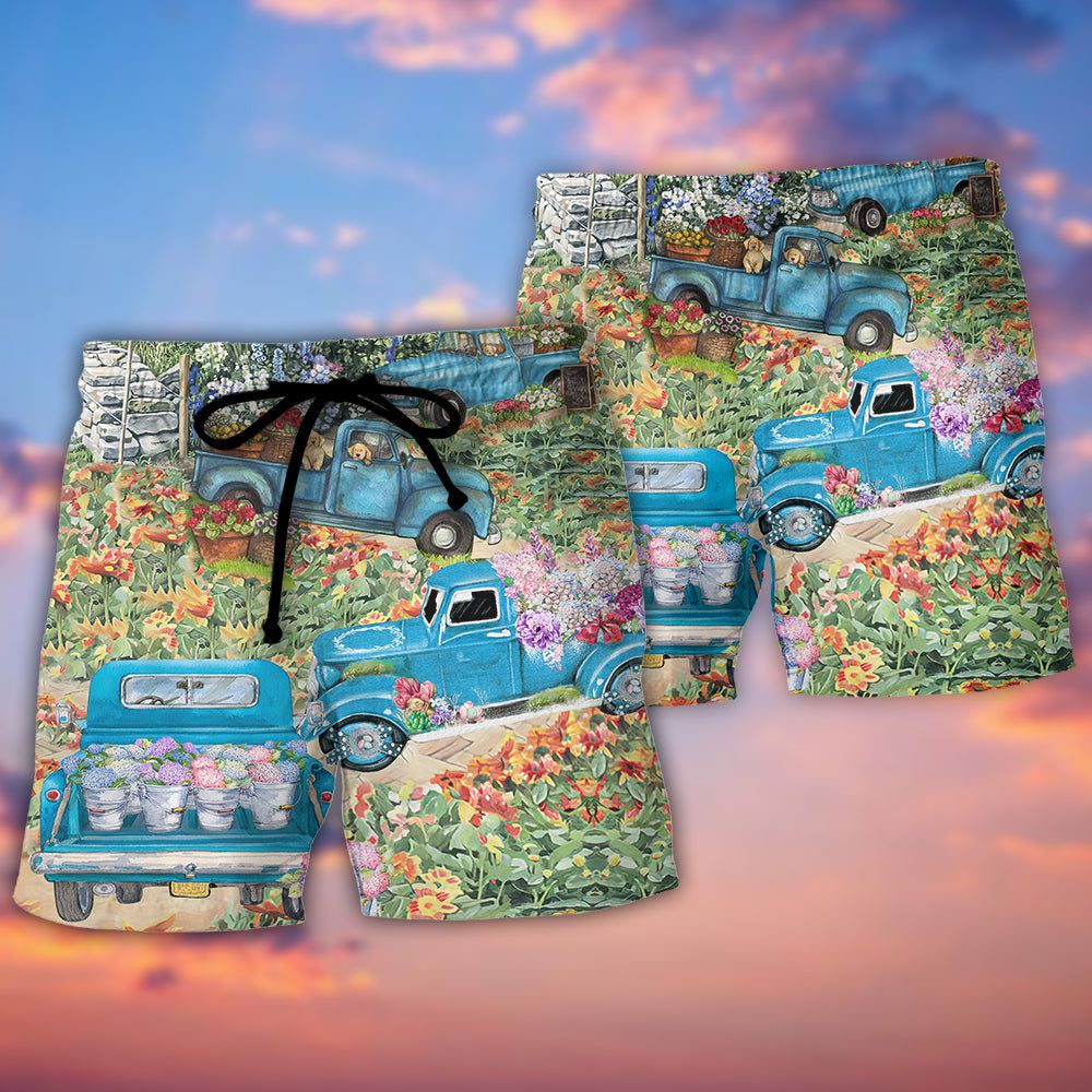 Truck Delivery Happiness Flower Around Town Trendy Aloha Hawaiian Beach Shorts