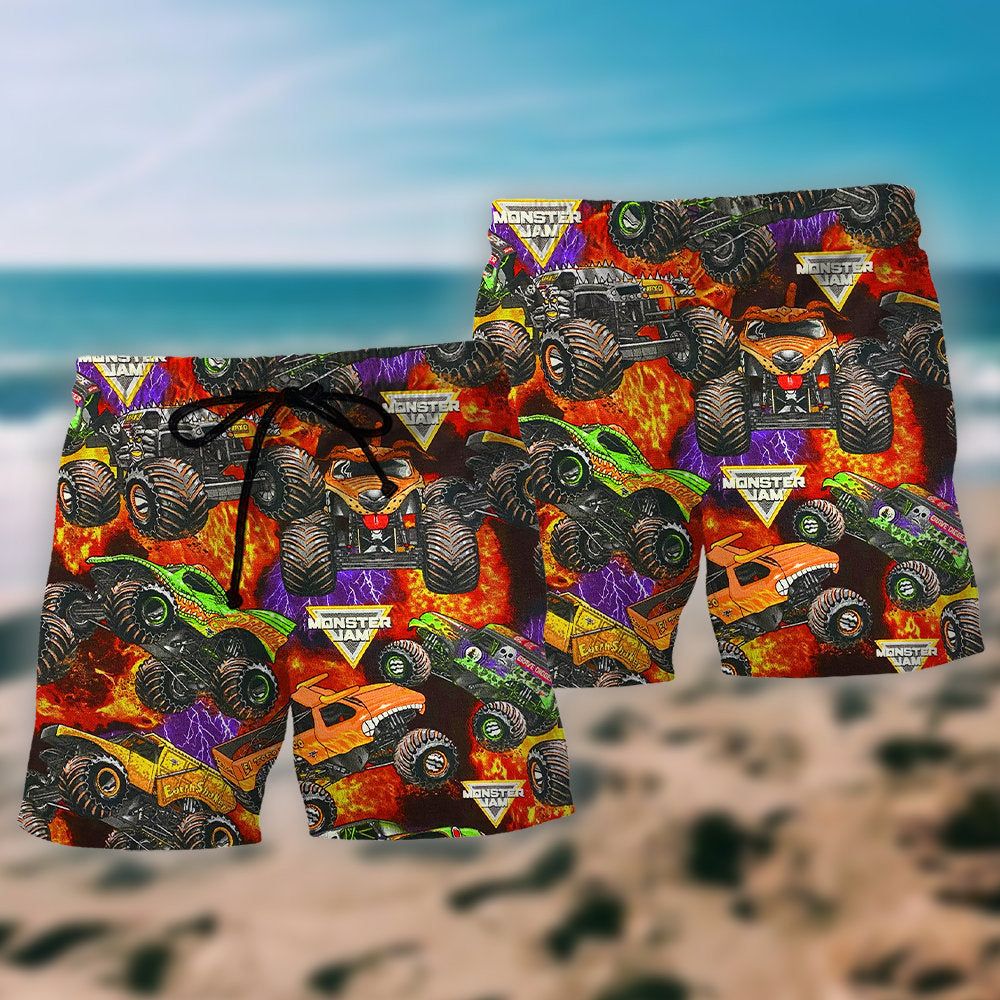 Truck Packed Monster Trucks Trendy Aloha Hawaiian Beach Shorts