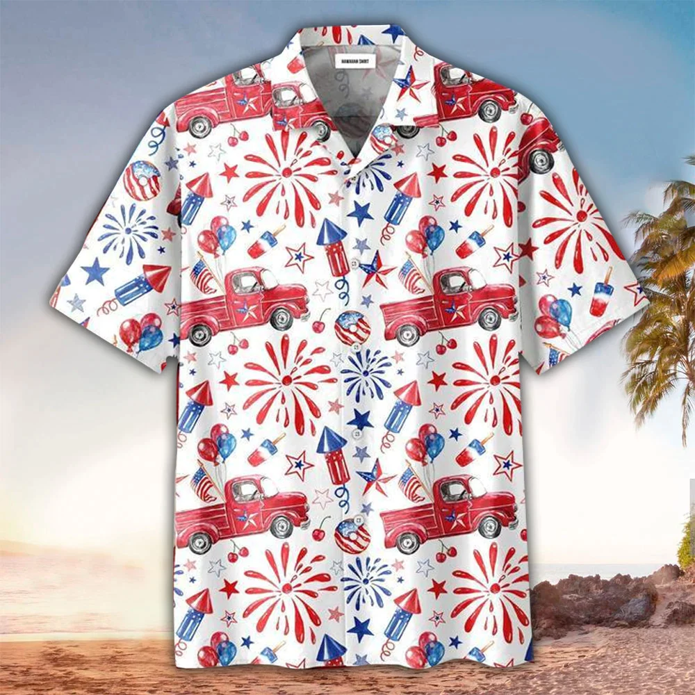 Truck Pattern Hawaiian Shirt 4Th Of July Button Down Aloha Shirt