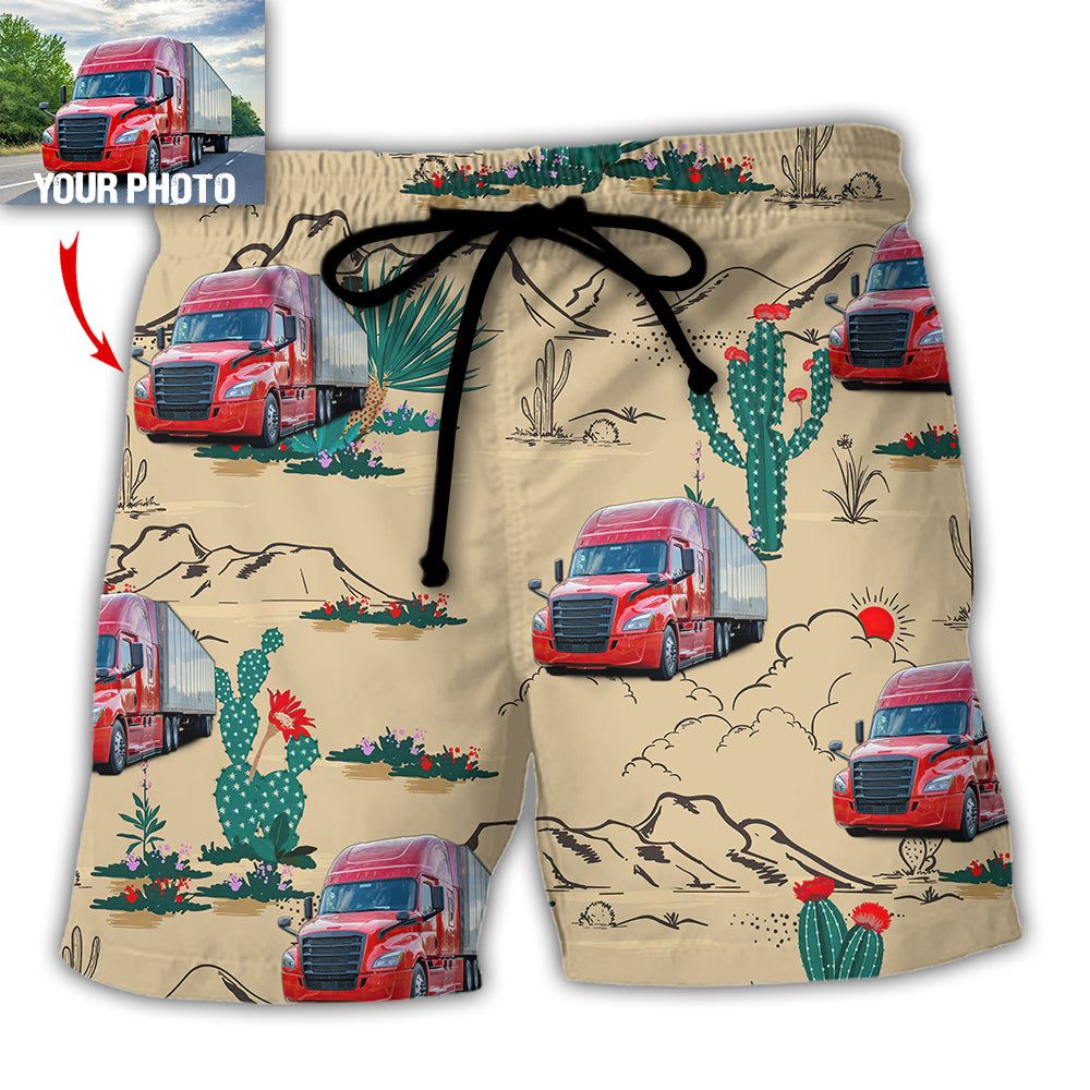 Truck Semi-Trailer Cactus Truck Desert Custom Photo Trendy Aloha Hawaiian Beach Shorts Truck Semi-Trailer Cactus Truck Desert Custom Photo Trendy Aloha Hawaiian Beach Shorts