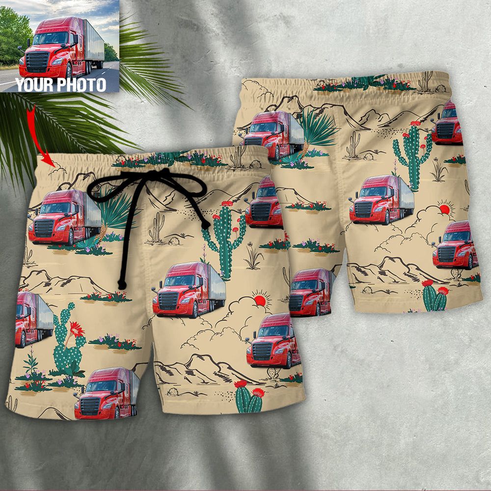 Truck Semi-Trailer Cactus Truck Desert Custom Photo Trendy Aloha Hawaiian Beach Shorts