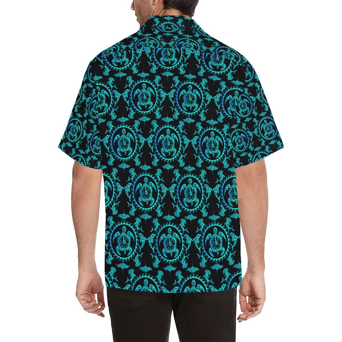 Turquoise Tribal Sea Turtle Hawaiian Trendy Hawaiian Shirt, Turtle Lover Trendy Hawaiian Shirt For