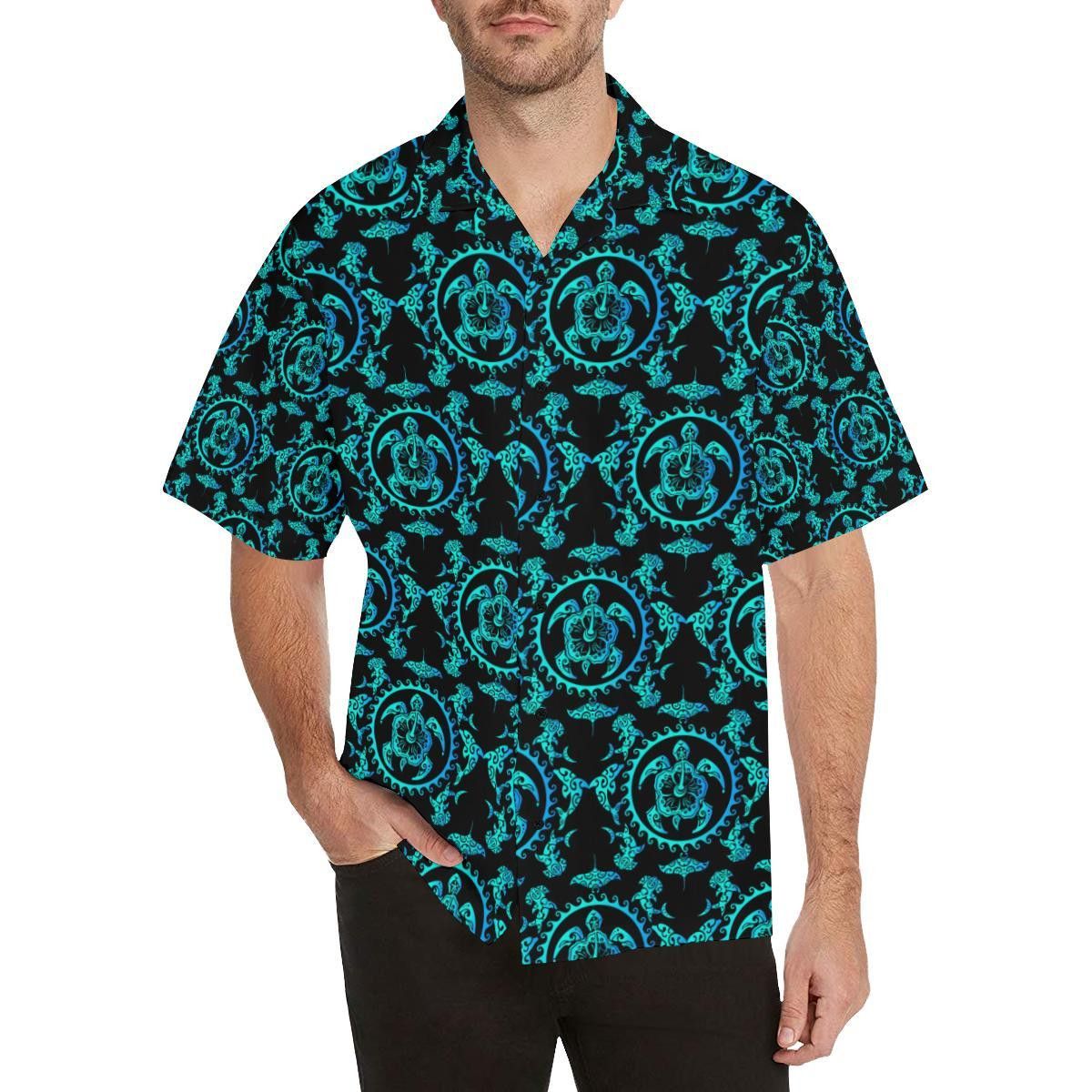 Turquoise Tribal Sea Turtle Hawaiian Trendy Hawaiian Shirt, Turtle Lover Trendy Hawaiian Shirt For