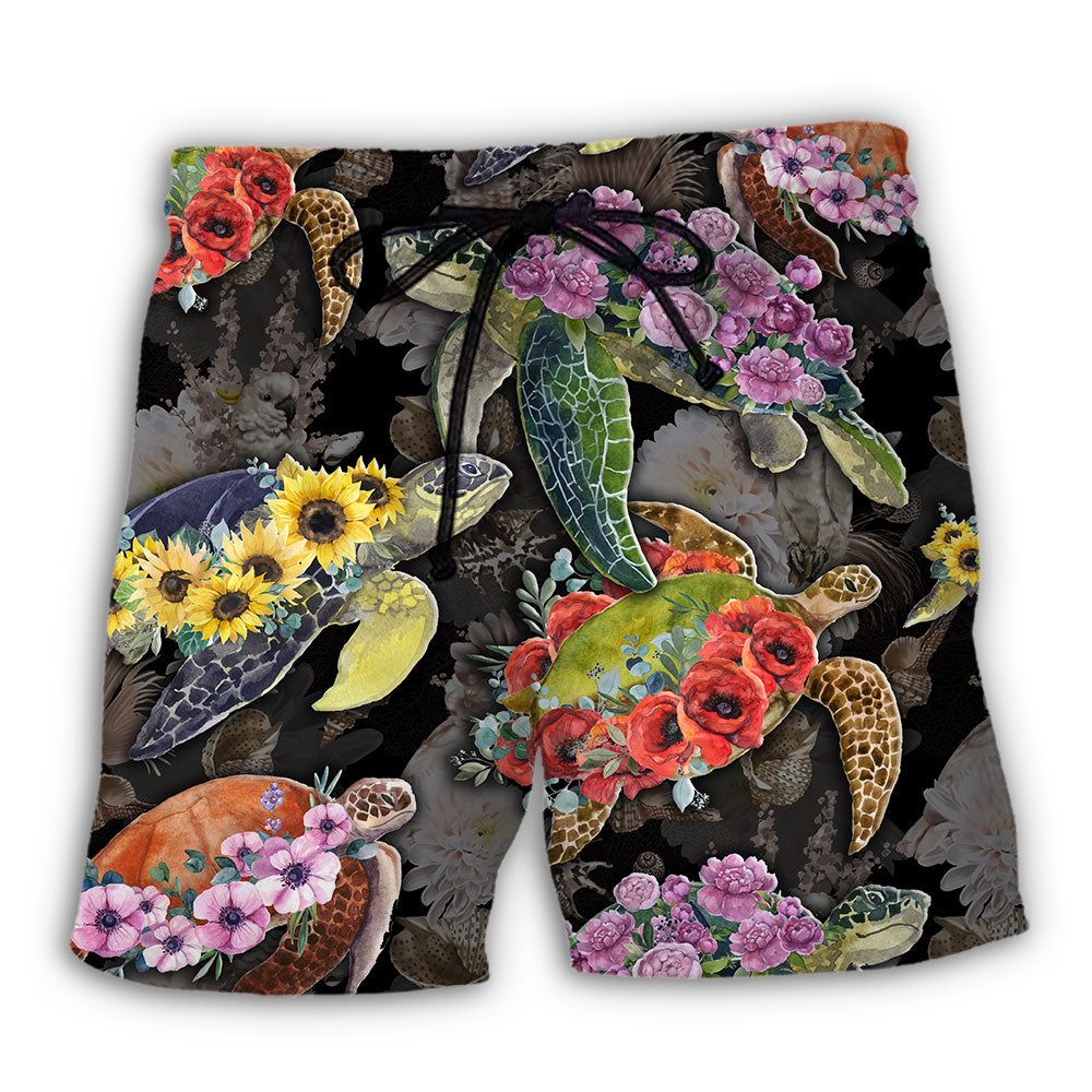 Turtle And Flowers Tropical Art Trendy Aloha Hawaiian Beach Shorts Turtle And Flowers Tropical Art Trendy Aloha Hawaiian Beach Shorts