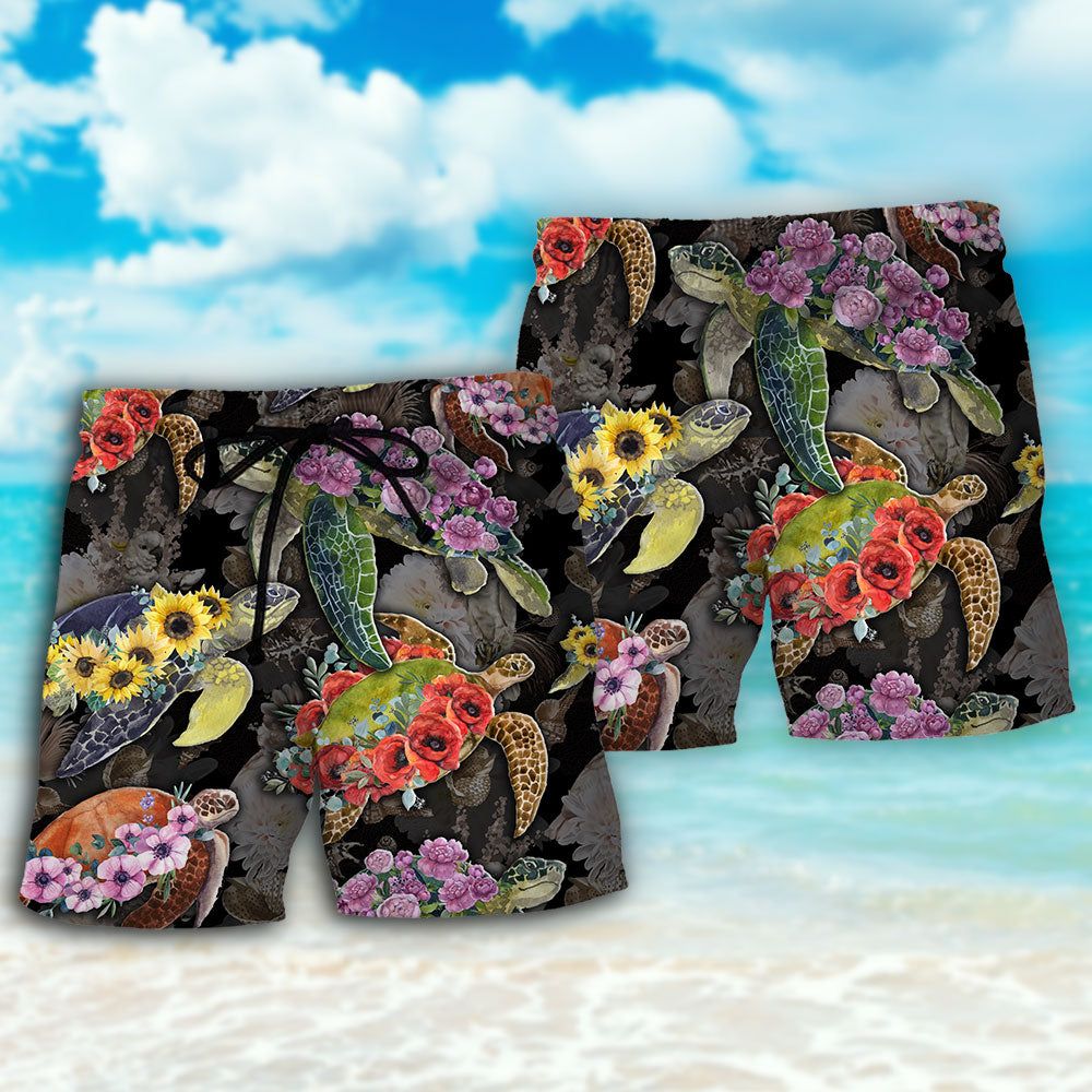 Turtle And Flowers Tropical Art Trendy Aloha Hawaiian Beach Shorts