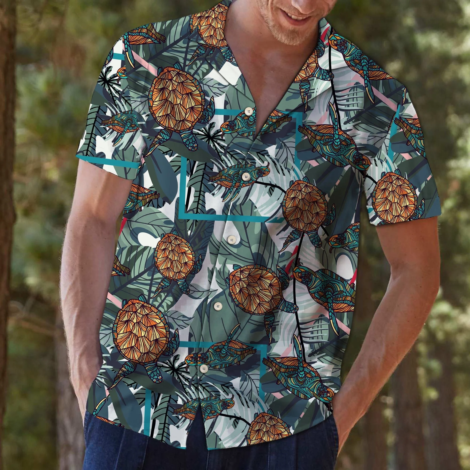 Turtle and Tropical Leaves Lovers Hawaiian Shirt