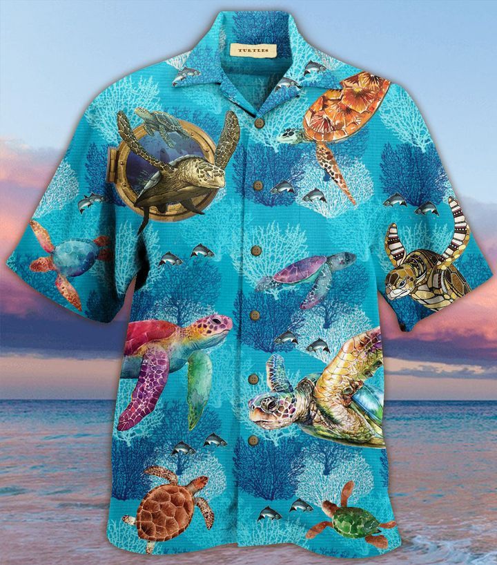 Turtle Blue Ocean Coral Colorful Trendy Hawaiian Shirt 3D, Coral Trendy Hawaiian Shirt For Summer Gifts