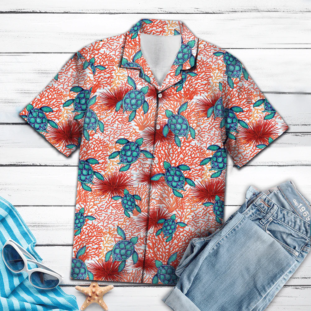 Turtle Coral Trendy Hawaiian Shirt, Coral Trendy Hawaiian Shirt For