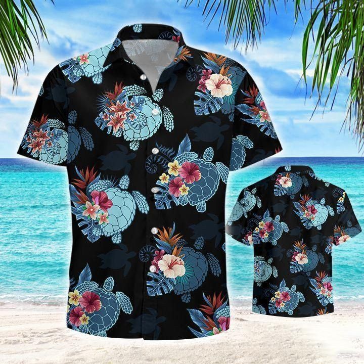 Turtle Flower Tropical Dark Theme Trendy Hawaiian Shirt