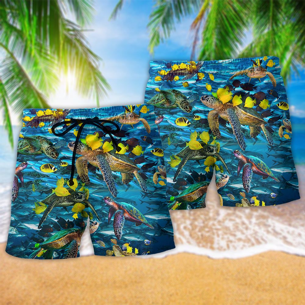 Turtle Go With The Flow Turtles And Fish Trendy Aloha Hawaiian Beach Shorts