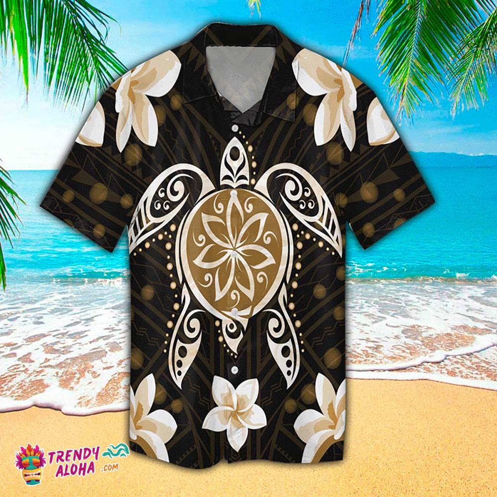 Turtle Hawaiian Shirt Gold Turtle Plumeria Aloha Shirt, Aloha Hawaiian Shirts