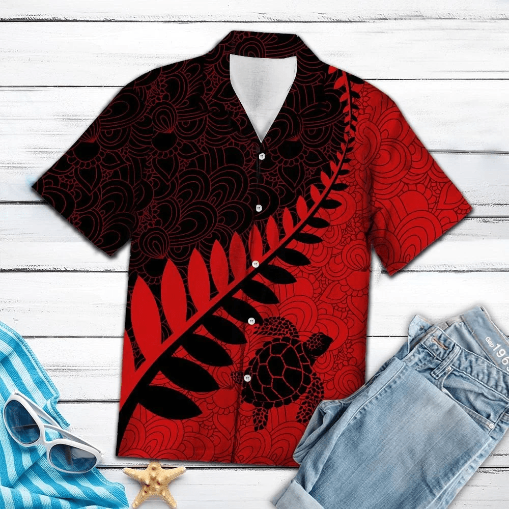 Turtle Leaf Red & Black Pattern Trendy Hawaiian Shirt, Turtle Lover Trendy Hawaiian Shirt For Summer Gifts