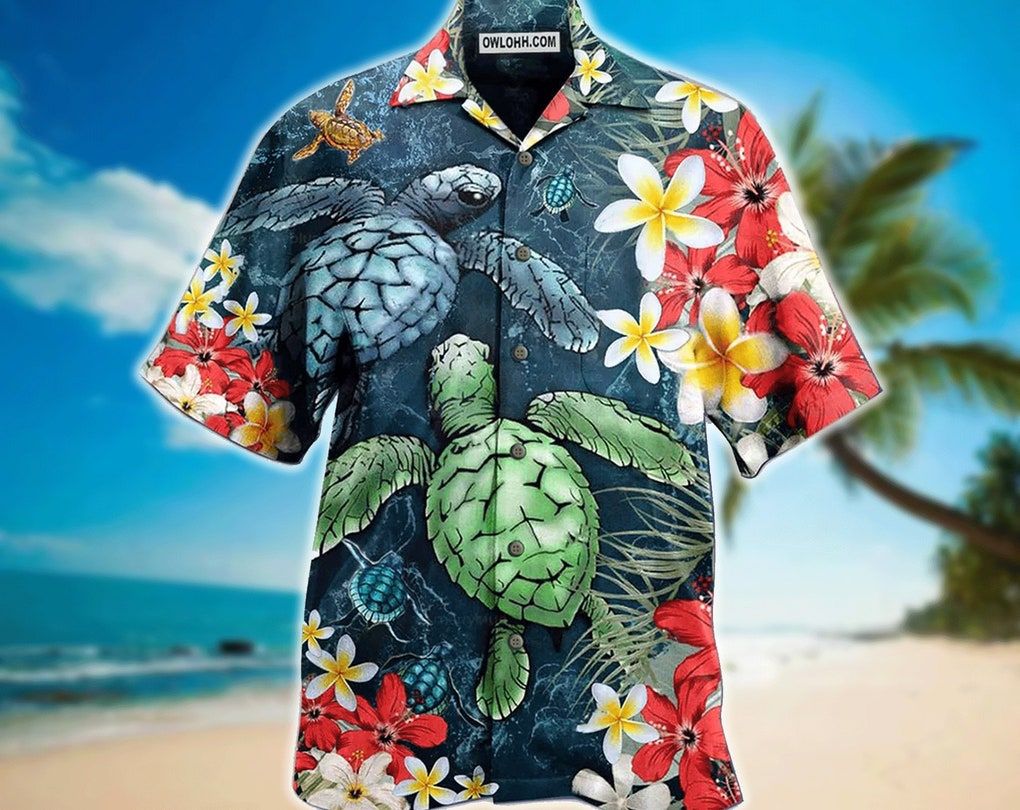 Turtle Love Flowers – Trendy Hawaiian Shirt, Aloha Tropical Hawaii Shirt, Aloha Short Sleeve Button Down, Gift For Family, Hawaiian Set Gift.