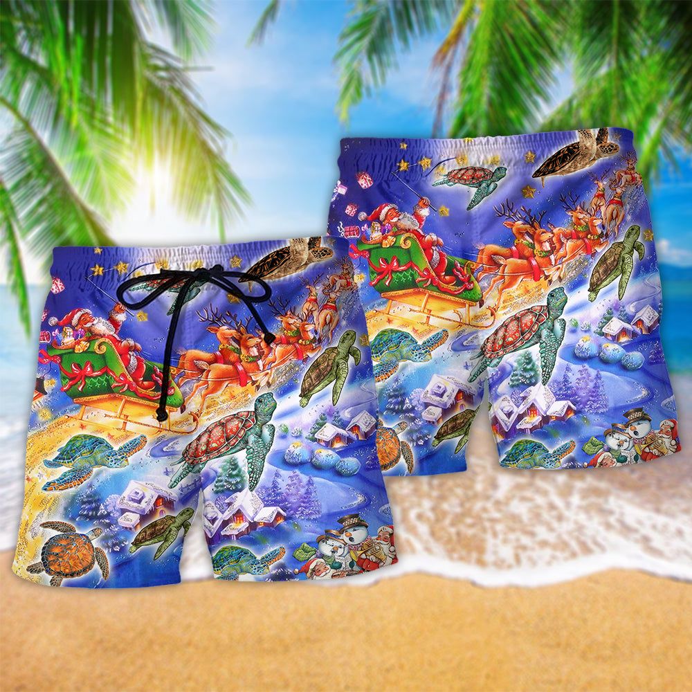 Turtle Neon Light Merry Christmas Trendy Aloha Hawaiian Beach Shorts