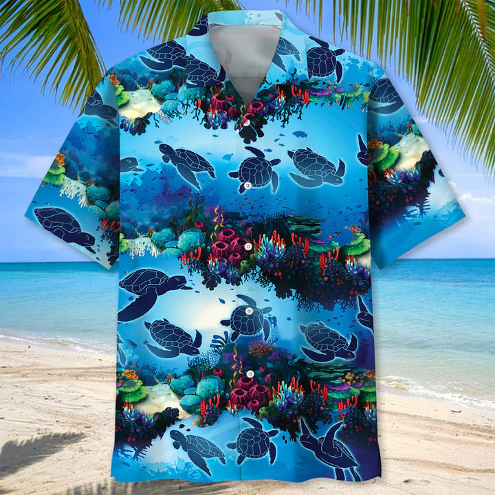 Turtle Ocean Trendy Hawaiian Shirt, Unisex Summer Beach Casual Short Sleeve Summer Vacation Beach Shirts