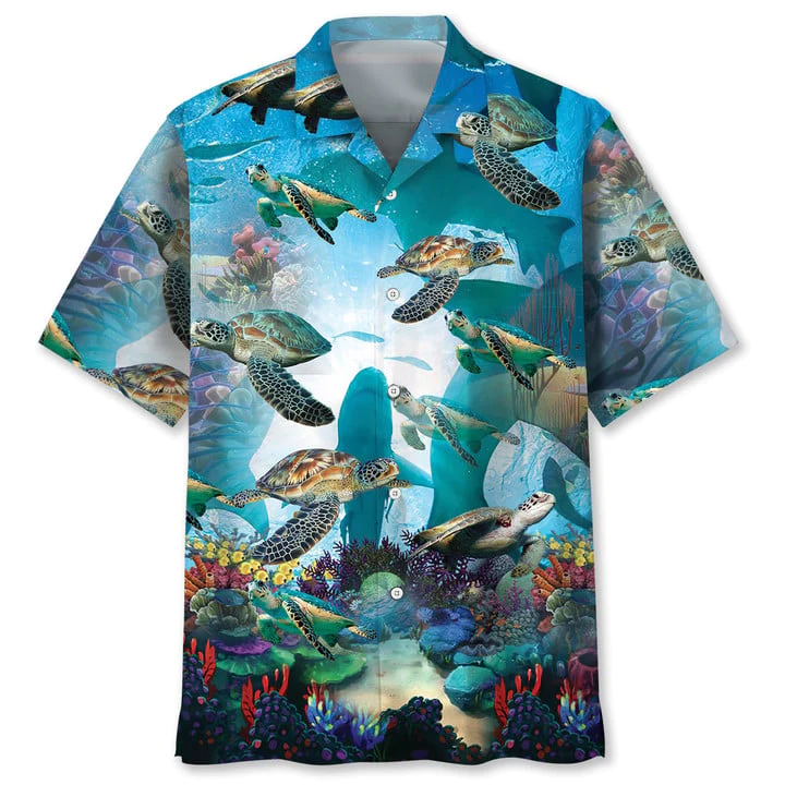 Turtle Ocean Trendy Hawaiian Shirt, Unisex Summer Beach Casual Short Sleeve Summer Vacation Beach Shirts