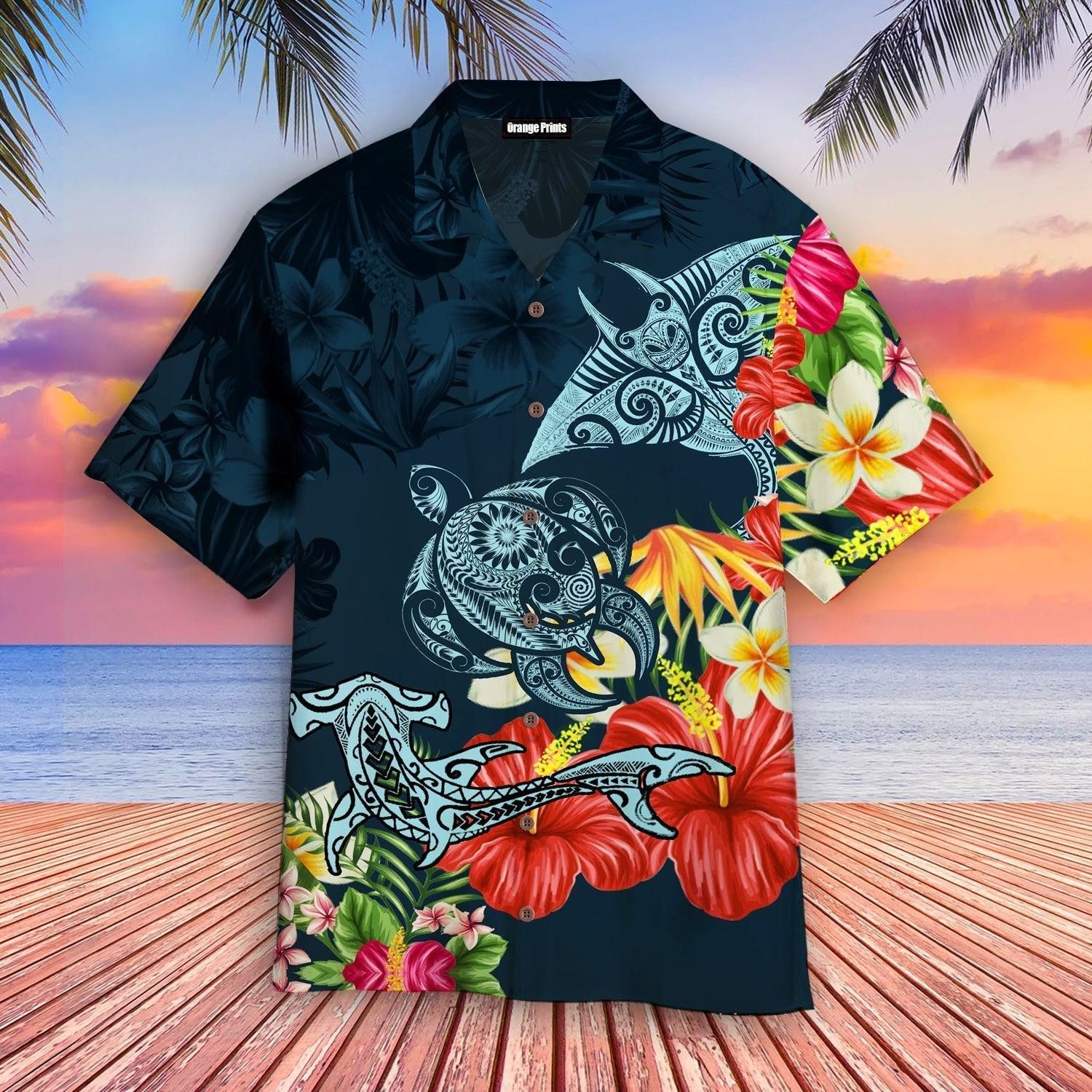 Turtle Shark Manta Ray Hibiscus Plumeria Trendy Hawaiian Shirt For