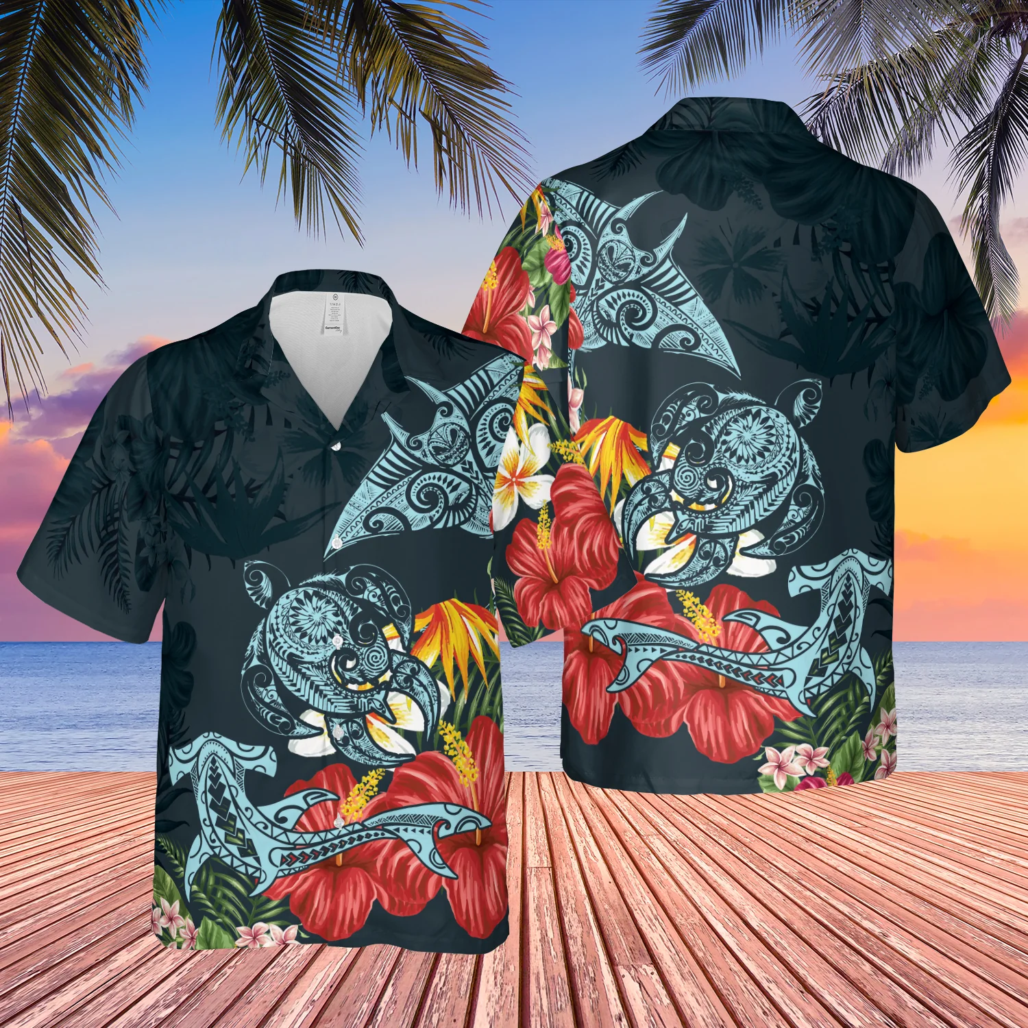 Turtle Shark Manta Ray Hibiscus Plumeria Trendy Hawaiian Shirt For Aloha Shirt