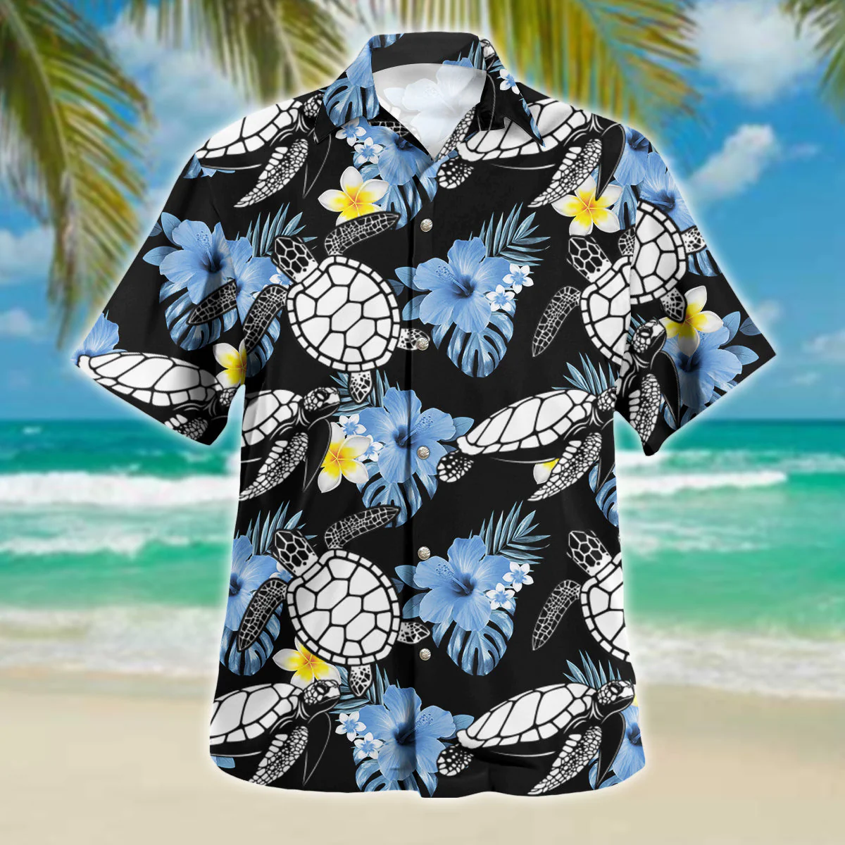 Turtle Trendy Hawaiian Shirt Blue Hibiscus Silhouette