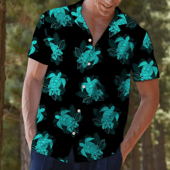 Turtle Trendy Hawaiian Shirt For Men, Women, Turtle Dark Turquoise And Black Trendy Hawaiian Shirt