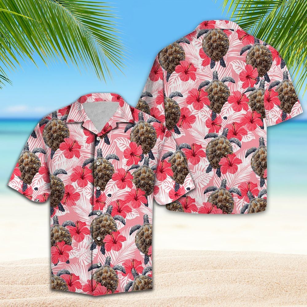 Turtle Tropical Flowers Hibiscus Trendy Hawaiian Shirt, Turtle Lover Trendy Hawaiian Shirt For Summer Gifts