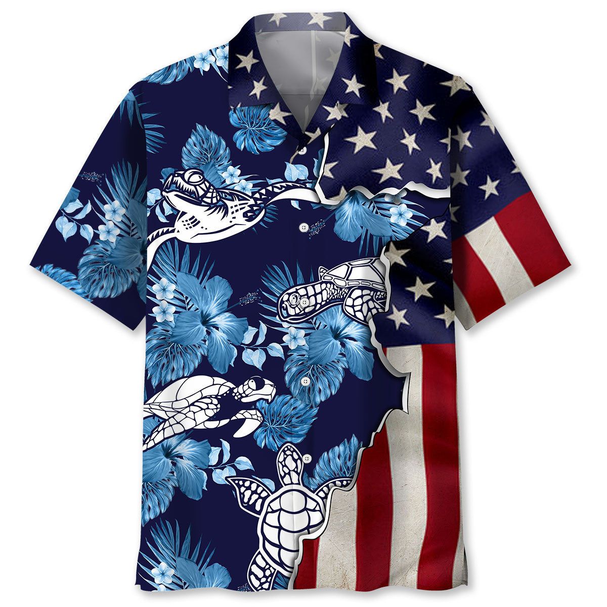 Turtle Tropical Us Flag Trendy Hawaiian Shirt
