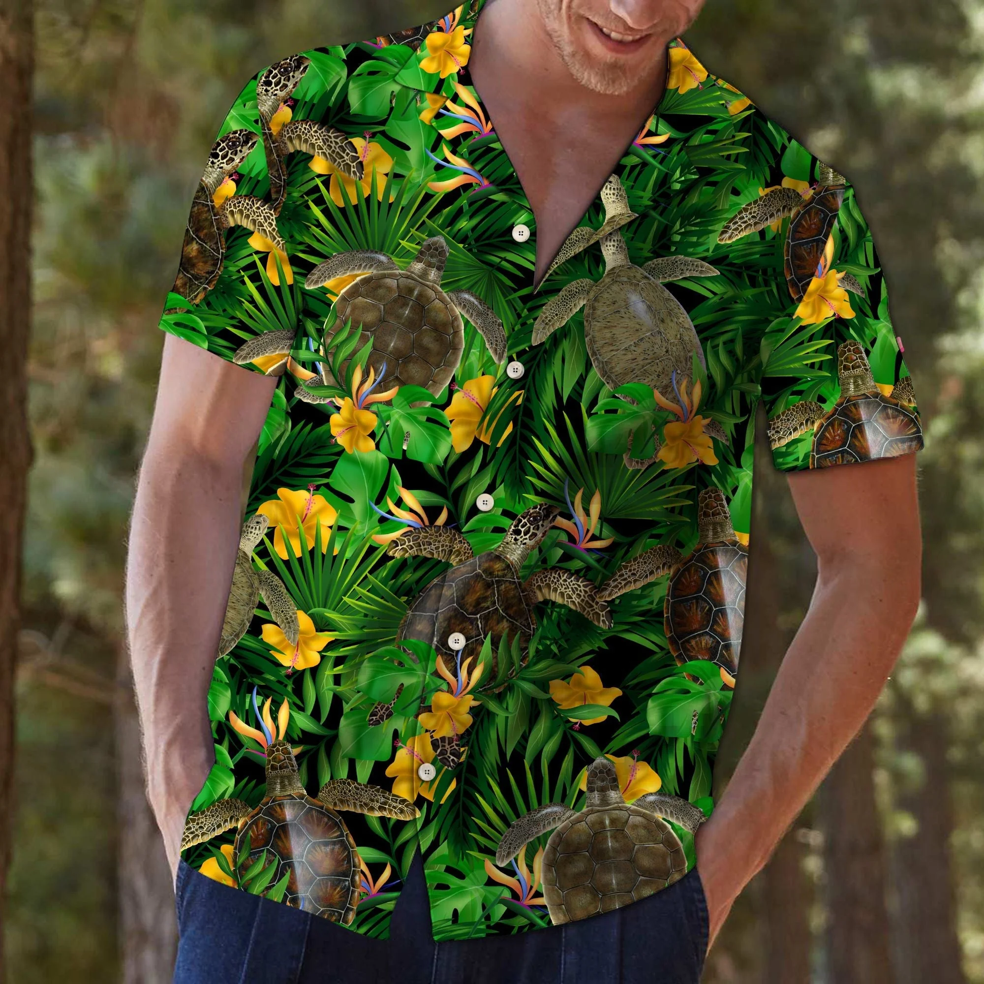 Turtle Tropical Wild Flower Trendy Hawaiian Shirt, Turtle Lover Trendy Hawaiian Shirt For