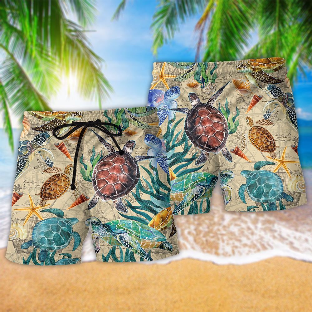 Turtle Under The Ocean Vintage Trendy Aloha Hawaiian Beach Shorts