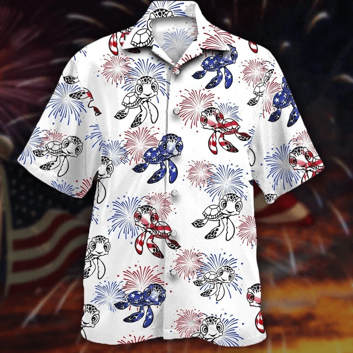 Turtles And Fireworks White Theme Trendy Hawaiian Shirt