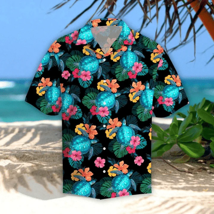 Turtles Glow Hibiscus Tropical Leave Black Theme Trendy Hawaiian Shirt, Short Sleeve Hawaiian Aloha Shirt For Men And Women