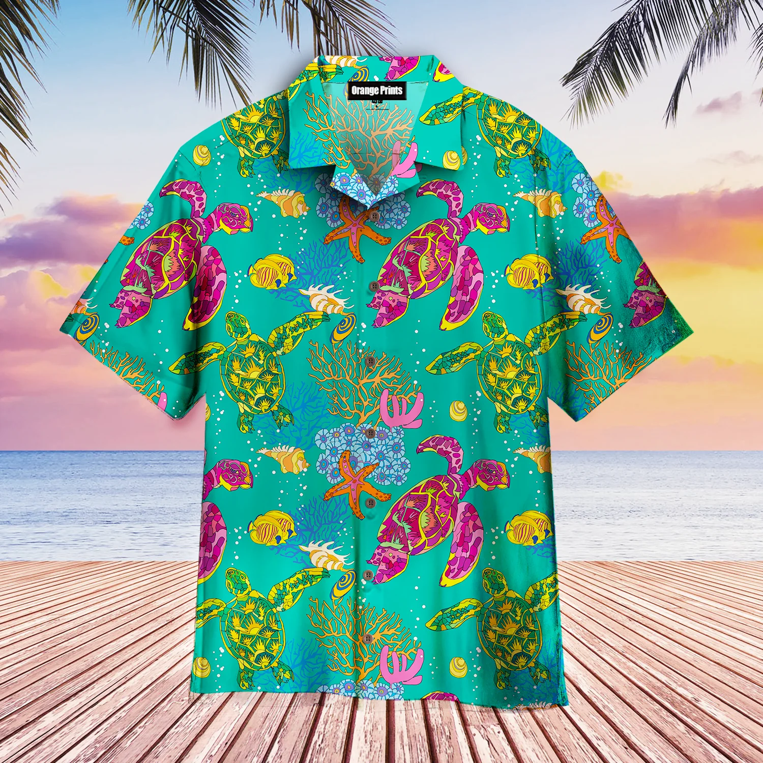Turtles in Vibrant Hues Displayed on Hawaiian Shirt