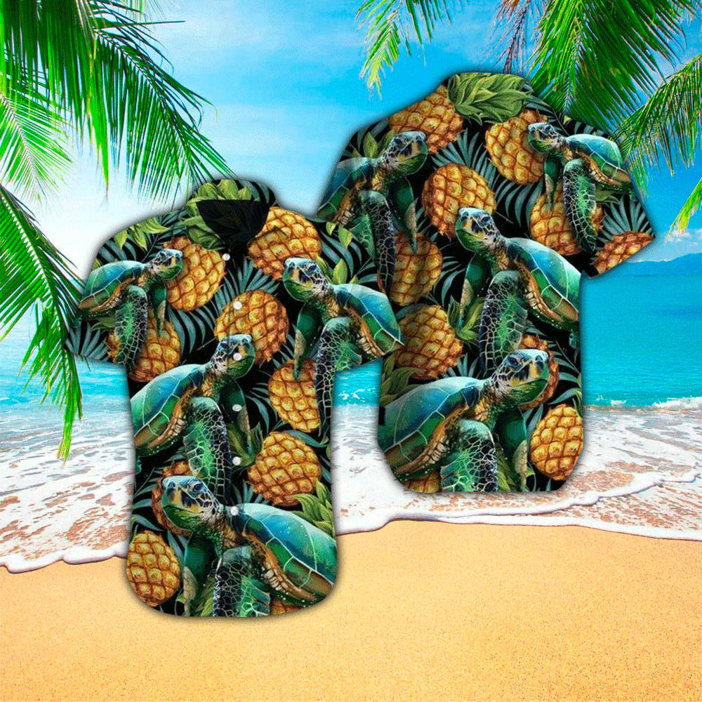 Turtles Pineapple Tropical Polyester Trendy Hawaiian Shirt
