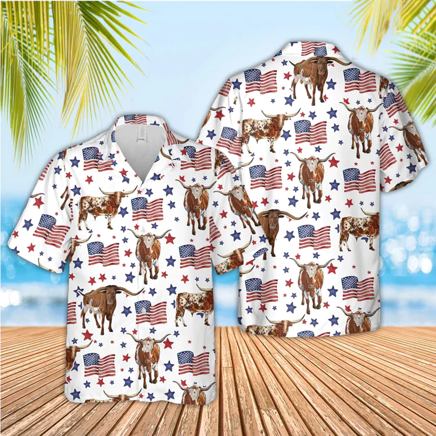 Tx Longhorn American Flag Pattern Trendy Hawaiian Shirt, Funny Cow Trendy Hawaiian Shirt, 4Th Of July Trendy Hawaiian Shirt