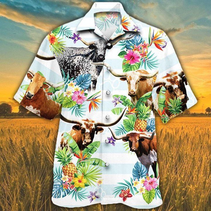 Tx Longhorn Cattle Hawaiian Theme Pineapple Tropical Flower All Printed 3D Hawaiian Shirt
