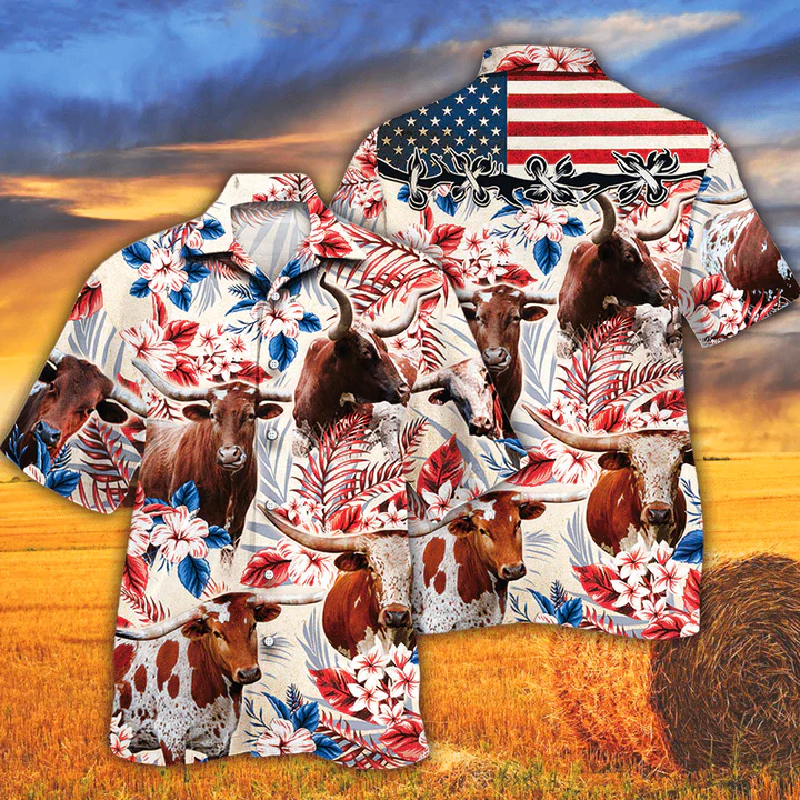 Tx Longhorn Cattle Lovers American Flag Trendy Hawaiian Shirt, Cow Trendy Hawaiian Shirt Vintage Flower, Trendy Hawaiian Shirt Men, Trendy Hawaiian Shirt Women