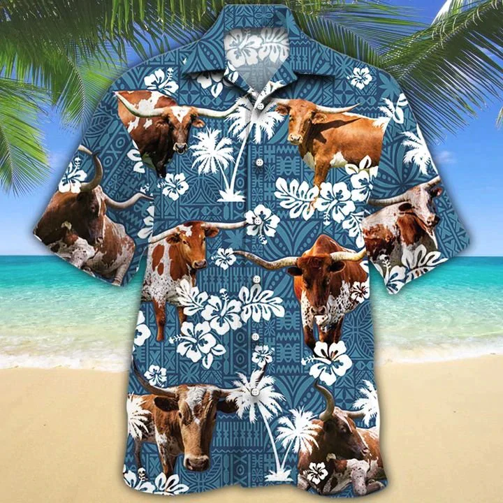 Tx Longhorn Cattle Lovers Blue Tribal Trendy Hawaiian Shirt, Cow Trendy Hawaiian Shirts For Men, Women