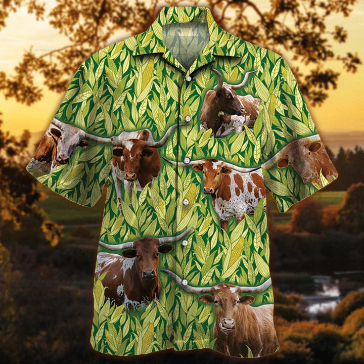 Tx Longhorn Cattle Lovers Corn Pattern Trendy Hawaiian Shirt, Cow Lovers Short Sleeve Hawaiian Aloha Shirt