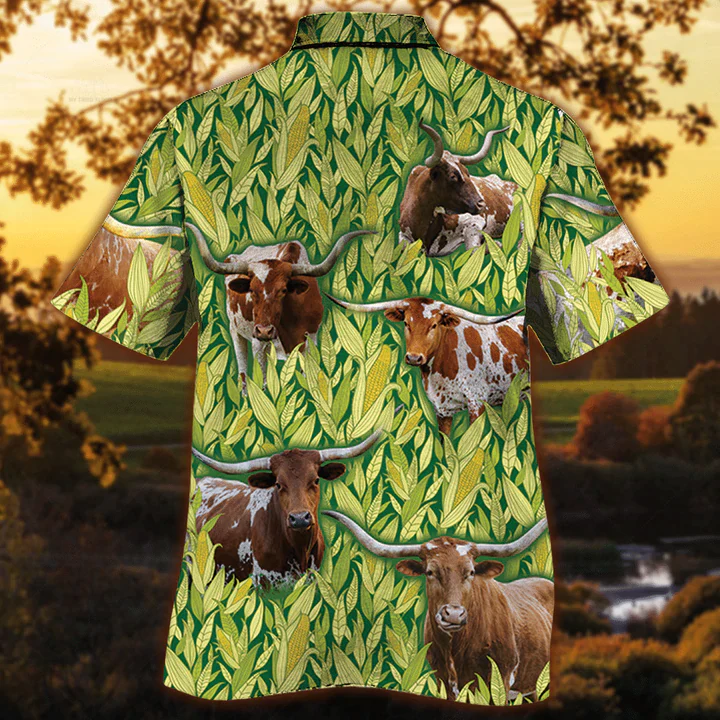 Tx Longhorn Cattle Lovers Corn Pattern Trendy Hawaiian Shirt, Cow Lovers Short Sleeve Hawaiian Aloha Shirt