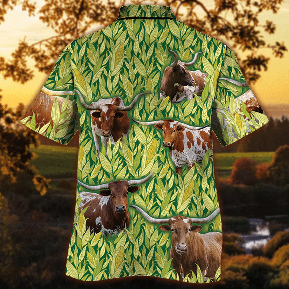 Tx Longhorn Cattle Lovers Corn Pattern Trendy Hawaiian Shirt, Cow Trendy Hawaiian Shirt For Summer Gifts