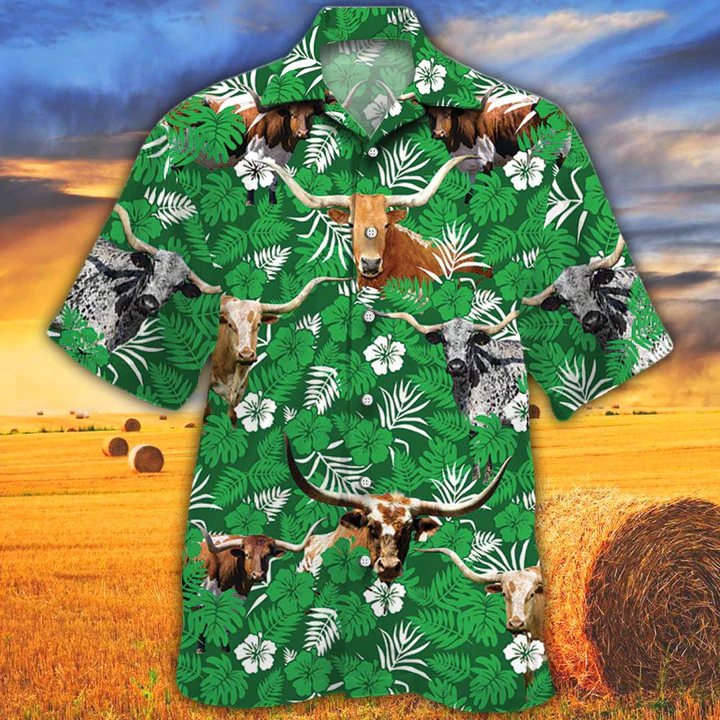 Tx Longhorn Cattle Lovers Green Floral Pattern Trendy Hawaiian Shirt, Cow Men’s Trendy Hawaiian Shirt – Vintage Farm Trendy Hawaiian Shirts