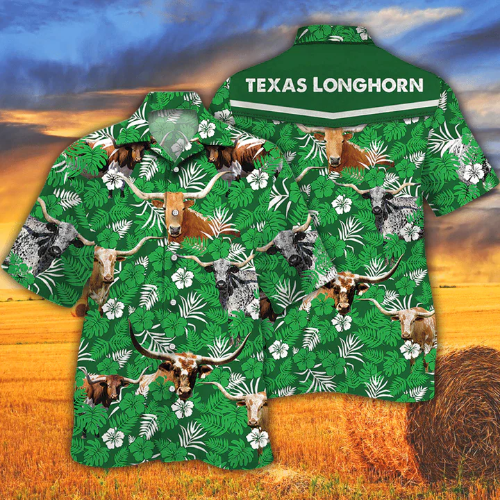 Tx Longhorn Cattle Lovers Green Floral Pattern Trendy Hawaiian Shirt, Cow Men’s Trendy Hawaiian Shirt Vintage Farm Trendy Hawaiian Shirts Tx Longhorn Cattle Lovers Green Floral Pattern Trendy Hawaiian Shirt, Cow Men’s Trendy Hawaiian Shirt Vintage Farm Trendy Hawaiian Shirts