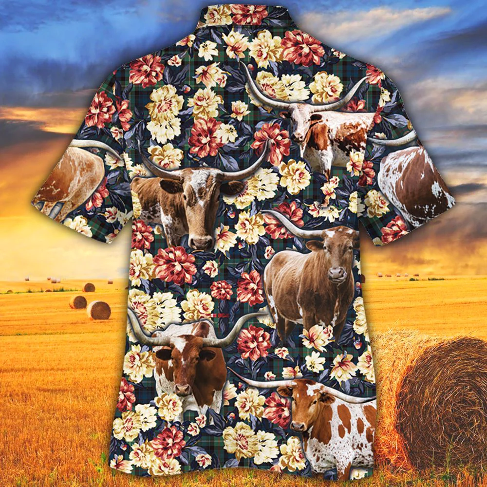 Tx Longhorn Cattle Lovers Green Plaid Pattern Trendy Hawaiian Shirt, Cow Trendy Hawaiian Shirt For Summer Gifts